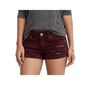 AMERICAN EAGLE Maroon Cotton Distressed Low Rise Shortie Stretch Shorts 4